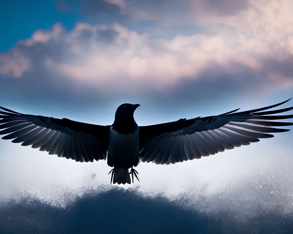 Silhouetted bird with outstretched wings over water spray under dramatic blue sky.