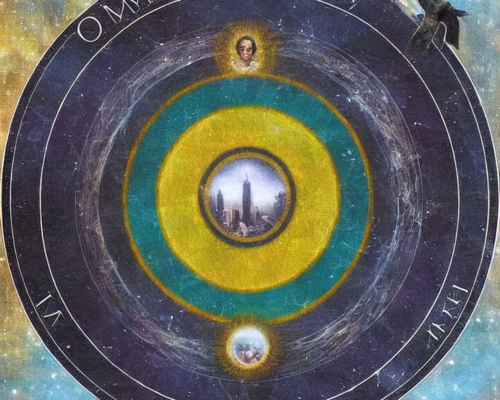 Illustration of concentric circles with symbols, cityscape, eye, and figure leaping into star