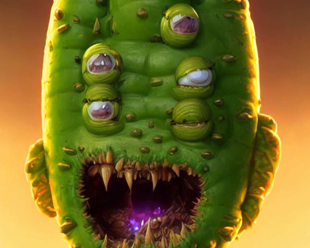 Fantastical creature with cactus head, multiple eyes, open mouth, emitting purple light, wearing