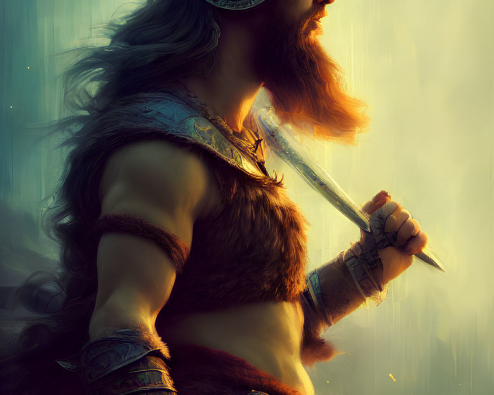 Viking warrior illustration with dagger in misty background