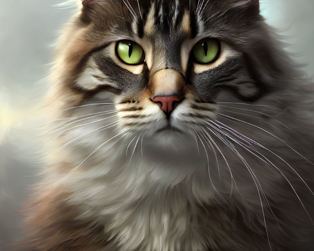Long-haired cat with green eyes and fluffy fur in close-up shot