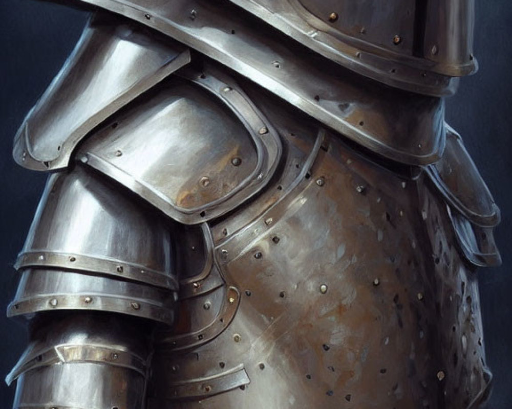 Detailed Close-Up of Person in Medieval Plate Armor with Polished Metallic Surface and Red Cloth