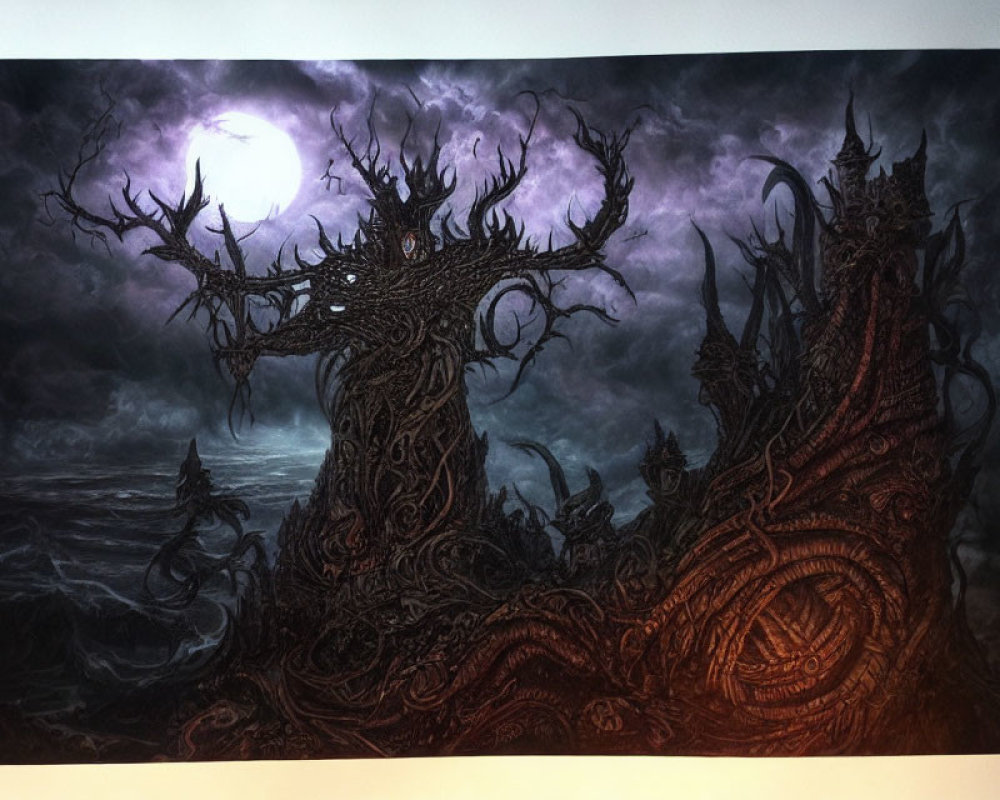 Dark fantasy art: Towering tree over ominous sea under pale moon
