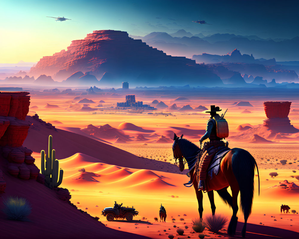 Futuristic desert landscape with cowboy, cacti, vintage car, and flying ships
