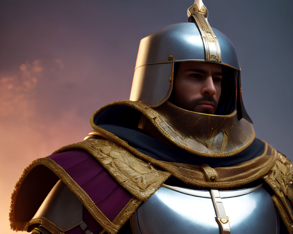 Medieval knight in polished armor with plumed helmet and purple cloak against dusky sky