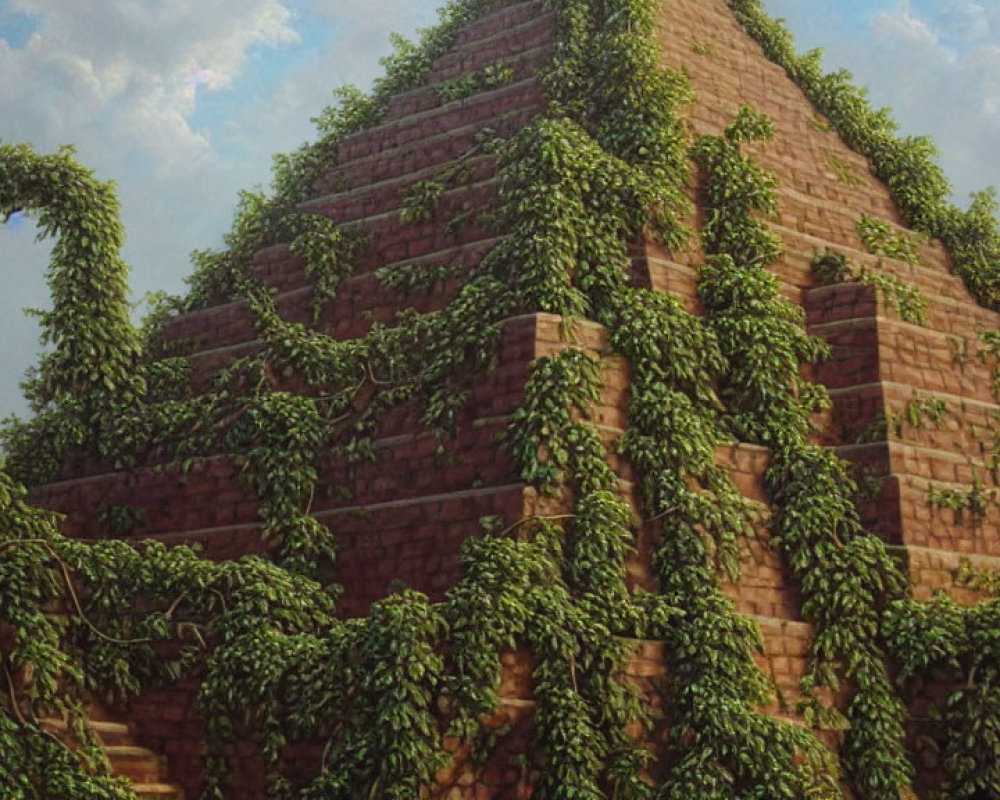 Ancient brick pyramid covered in green vines under blue sky