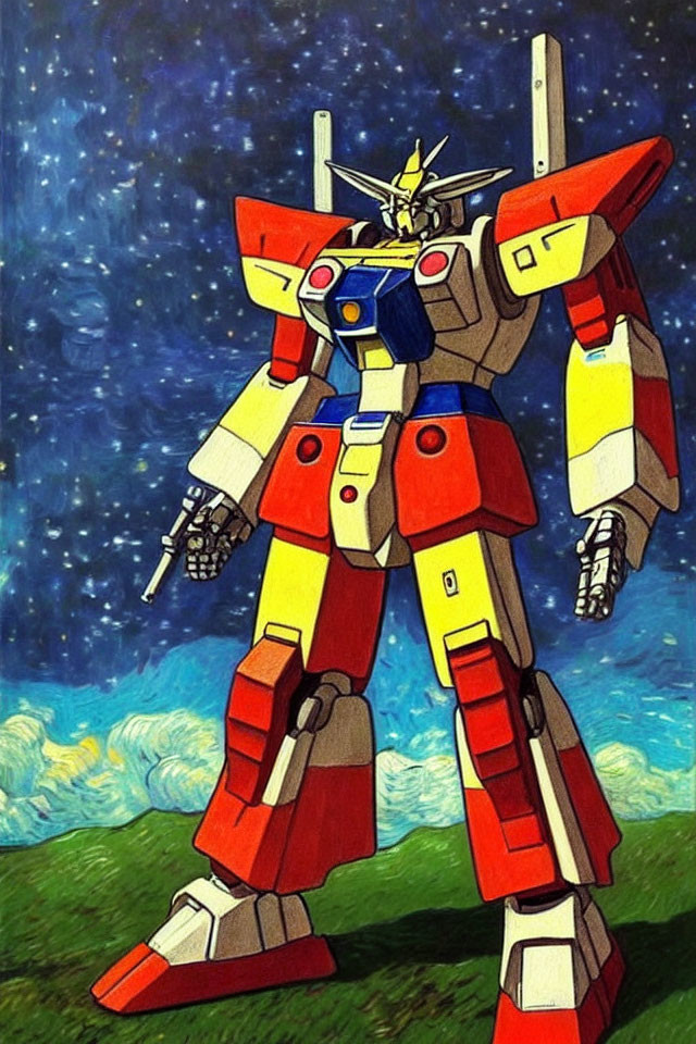 Red and Yellow Robot Illustration with Blue Details and Gatling Gun Arm against Starry Night Sky