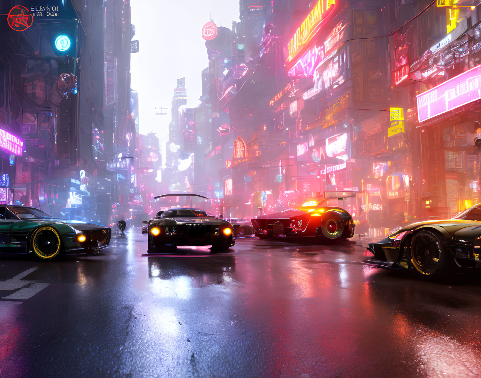 Futuristic city street at night with neon signs and sleek cars