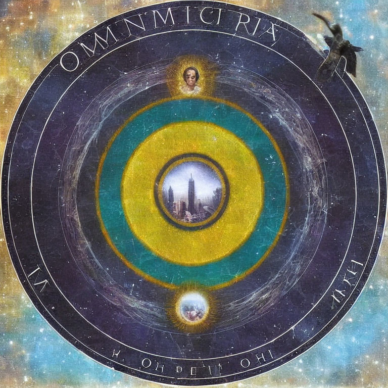 Illustration of concentric circles with symbols, cityscape, eye, and figure leaping into star