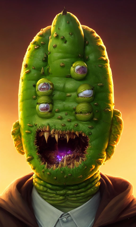 Fantastical creature with cactus head, multiple eyes, open mouth, emitting purple light, wearing