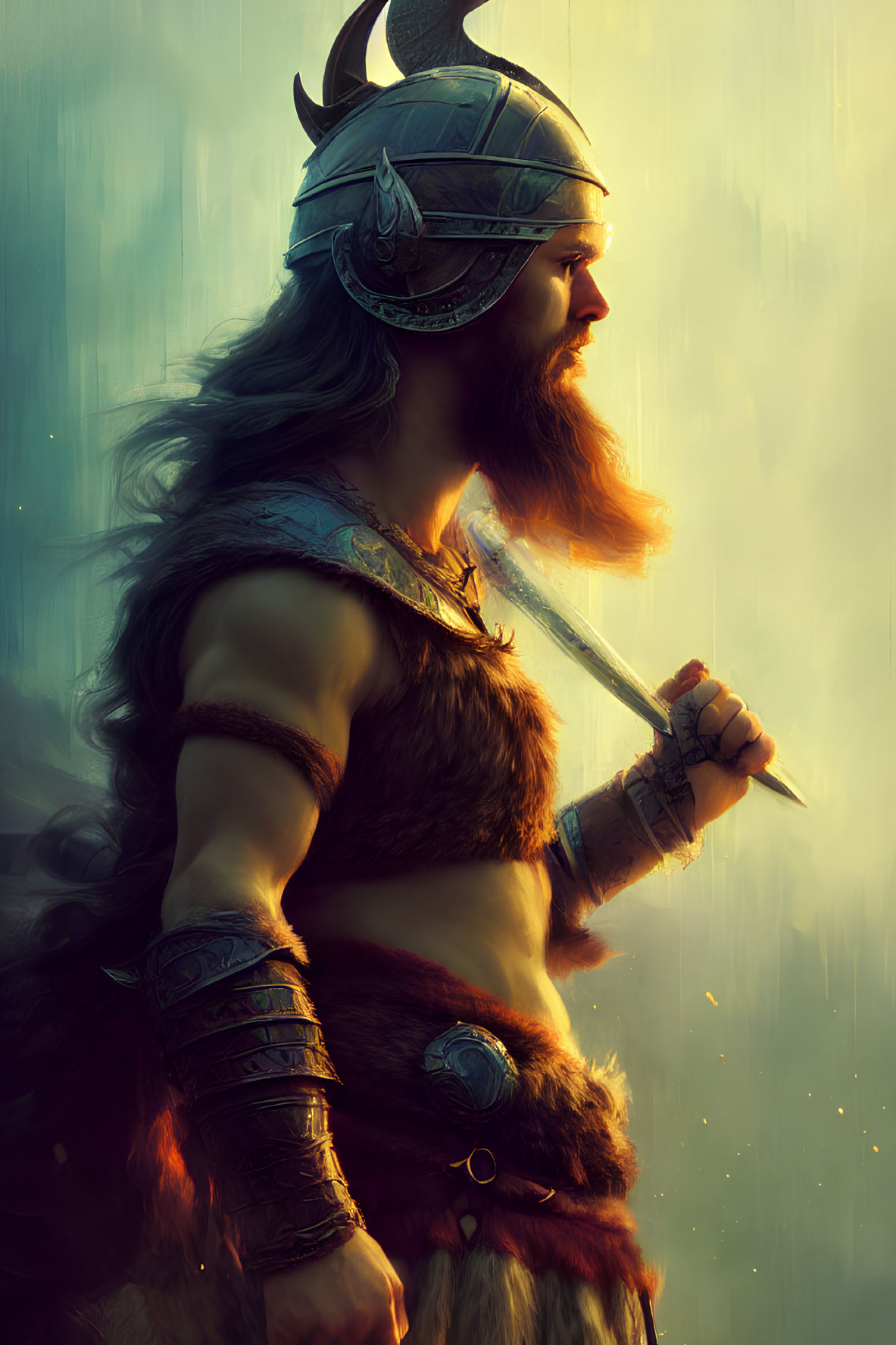 Viking warrior illustration with dagger in misty background