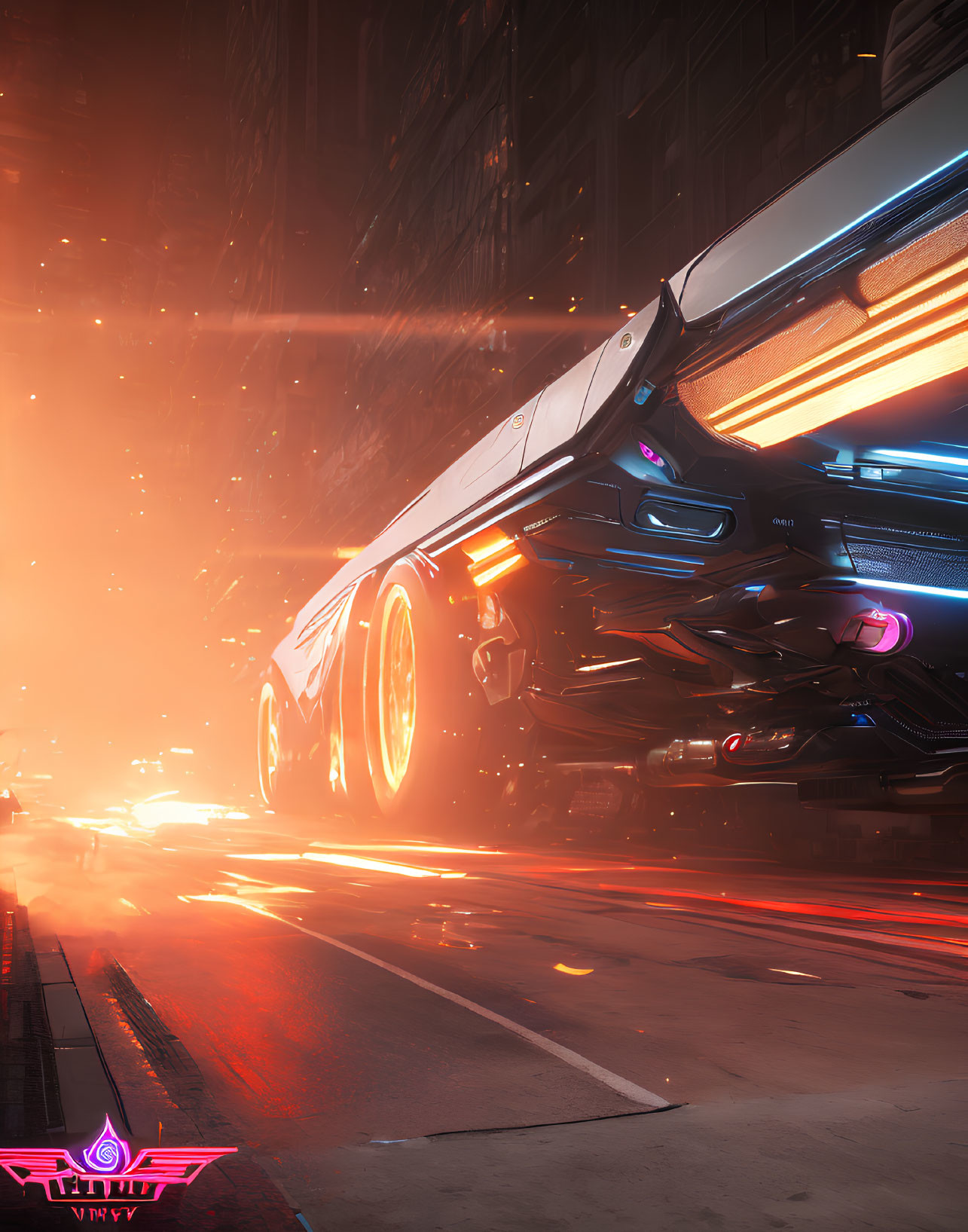 Sleek black car with sparks in neon-lit cityscape