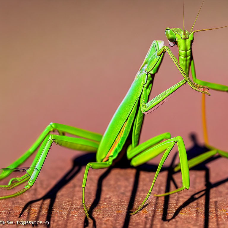 Green praying mantis perched on wooden surface gazes around