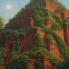 Ancient brick pyramid covered in green vines under blue sky