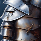 Detailed Close-Up of Person in Medieval Plate Armor with Polished Metallic Surface and Red Cloth