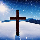 Wooden cross in snowy mountain landscape under starry sky