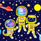 Three Striped Cartoon Cats in Various Poses on Whimsical Space Background