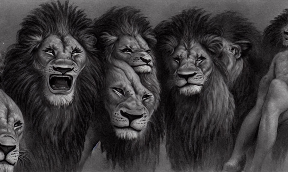 Grayscale image depicting lions transitioning to a human evolution bond.