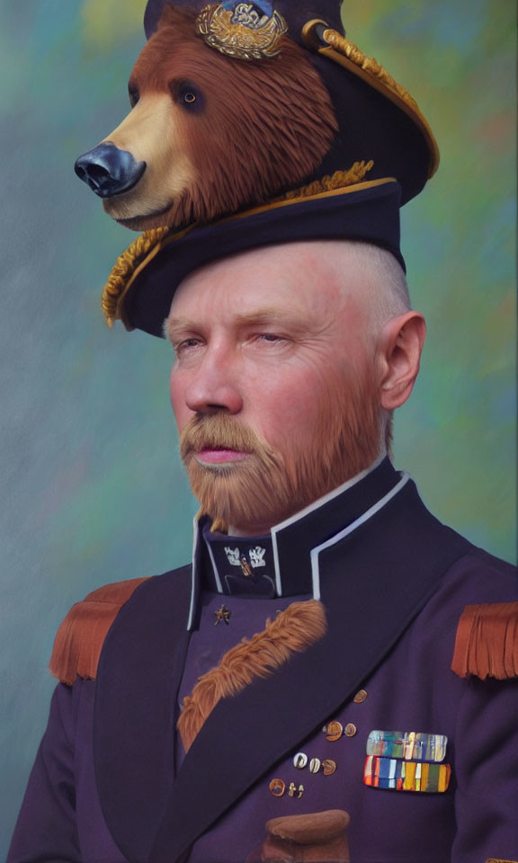 Person with Bear Head Hat in Decorated Military Uniform and Beard
