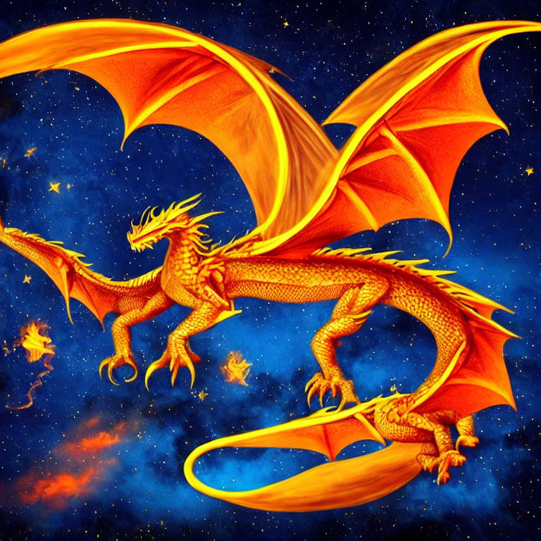 Colorful Orange Dragon Illustration with Wings in Starry Night Sky