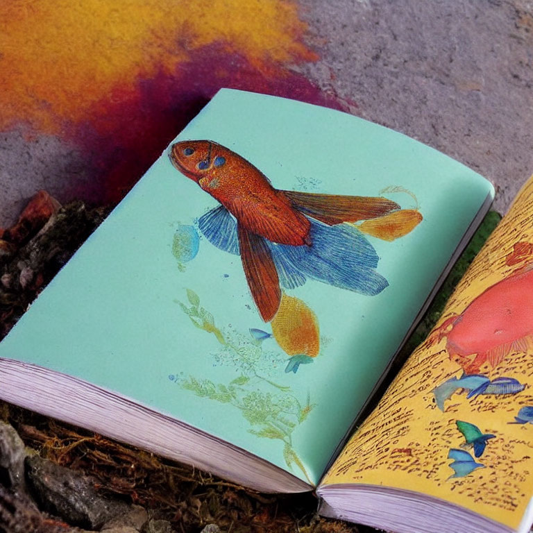 Realistic Goldfish Illustration Surrounded by Colorful Splashes and Fish Sketches