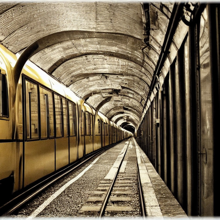 Sepia-Toned Subway Trains in Tunnel with Arched Concrete Walls