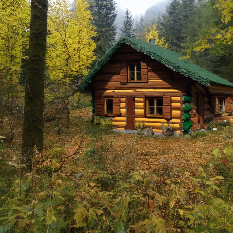 Rustic wooden cabin in autumn forest scene