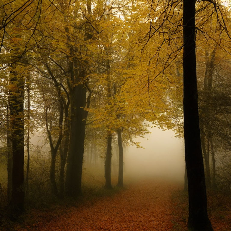 Misty forest path with autumn trees and fallen leaves