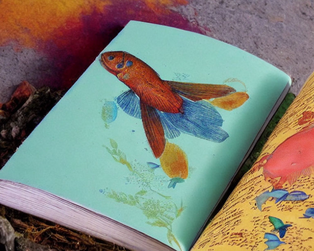 Realistic Goldfish Illustration Surrounded by Colorful Splashes and Fish Sketches