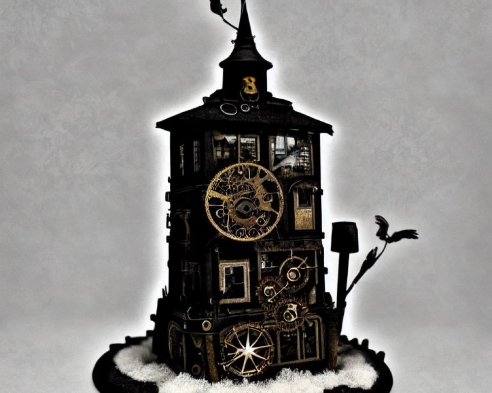 Steampunk-inspired sculpture of multi-tiered building with cogwheel elements and birds.