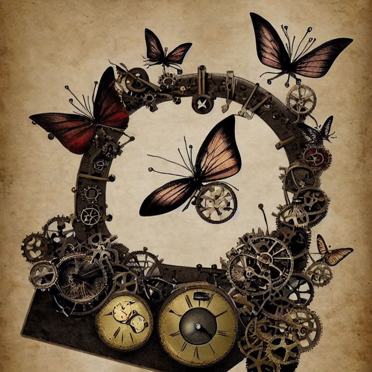 Steampunk-inspired image: Butterflies with gear-like wings in mechanical setting