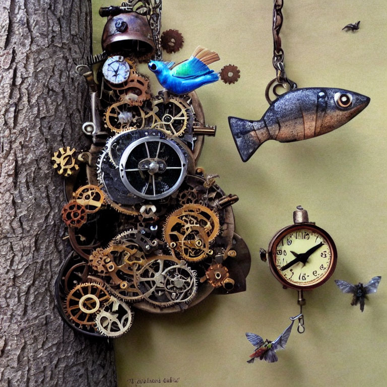 Steampunk composition featuring gears, clocks, helmet, mechanical fish, birds, and tree background