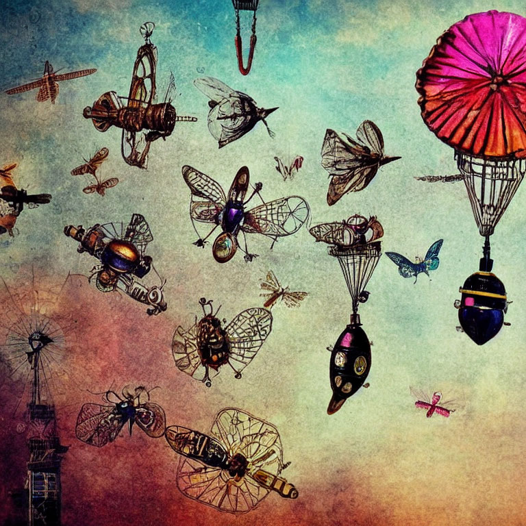 Whimsical steampunk flying contraptions against colorful sky