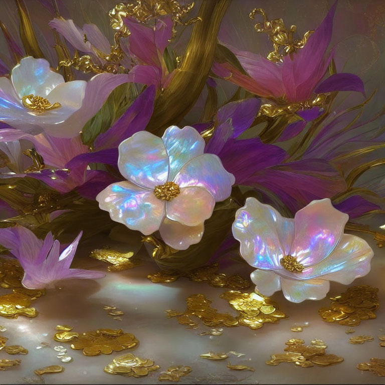 Iridescent white and purple flowers on gold-strewn branches