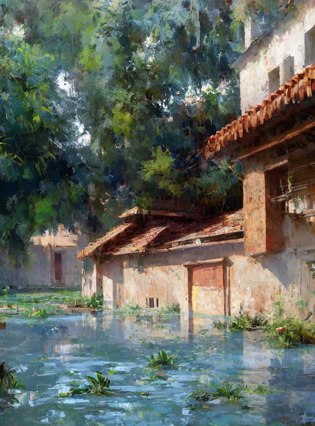 Tranquil painting of waterside building with greenery and water lilies