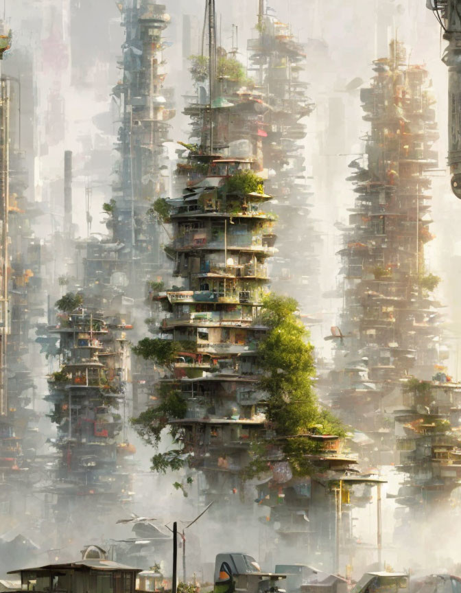 Futuristic cityscape with towering buildings and greenery blending urban architecture with nature