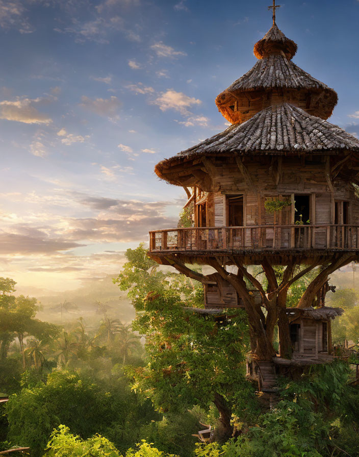 Rustic wooden treehouse with shingled roof in lush greenery at sunrise