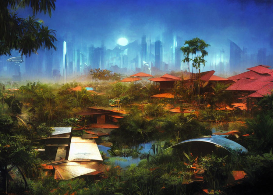 Futuristic cityscape and traditional village contrasted with misty skyscrapers