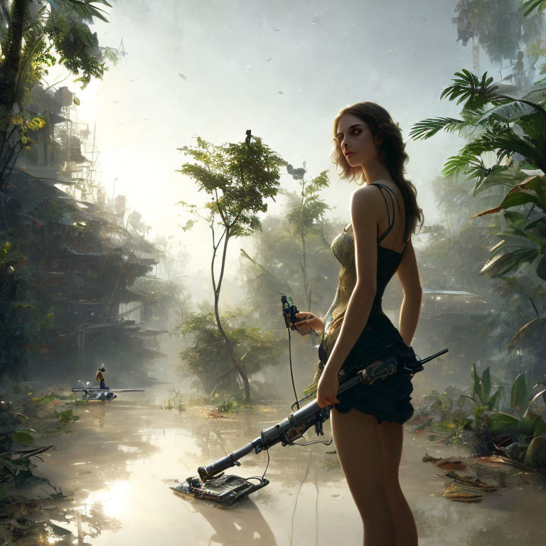Woman with bow in sunlit jungle ruins