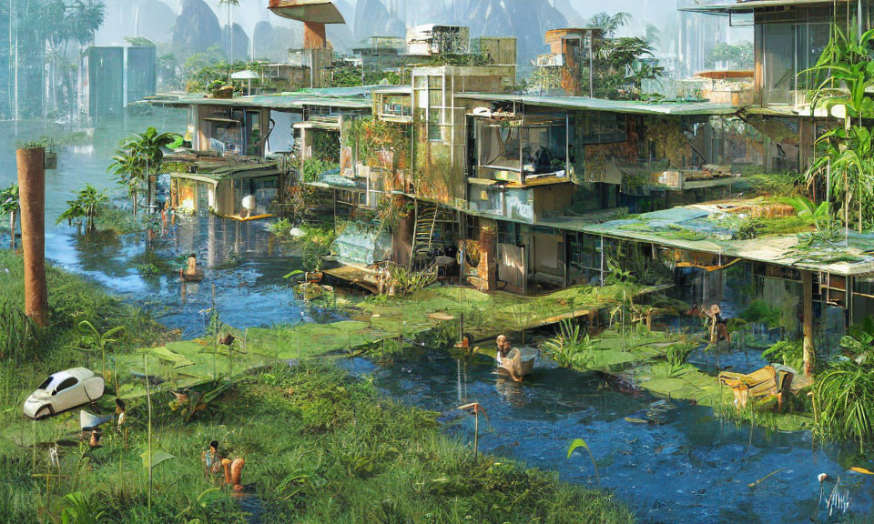 Futuristic overgrown cityscape with waterways, people, lush vegetation, and abandoned buildings.