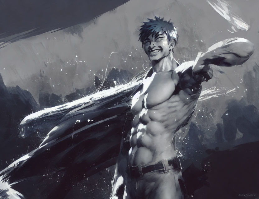 Monochromatic artwork: Smiling man flexing with dynamic water splashes
