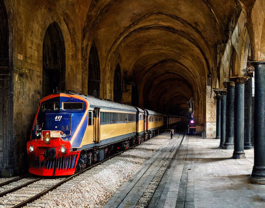 Colorful modern locomotive at grand historic train station