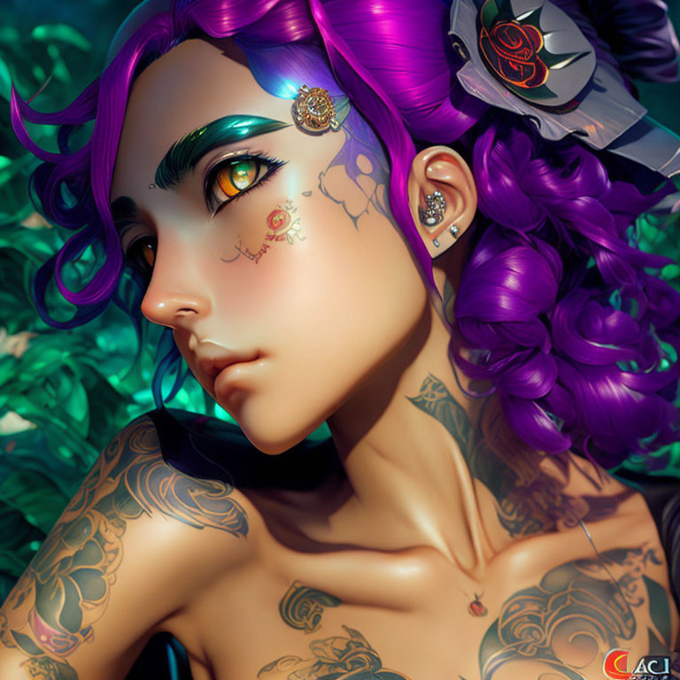 Vibrant purple hair, multicolored eyes, intricate tattoos digital artwork