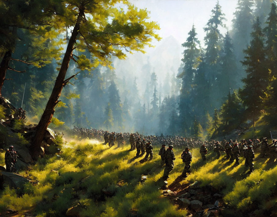Soldiers marching in sunlit forest clearing