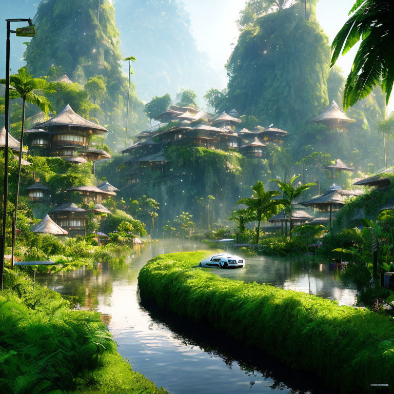 Futuristic Asian-style village in mountainous landscape with modern car and waterways