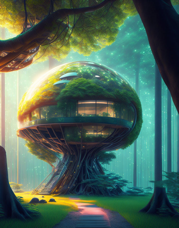 Spherical Treehouse with Expansive Windows in Tranquil Forest