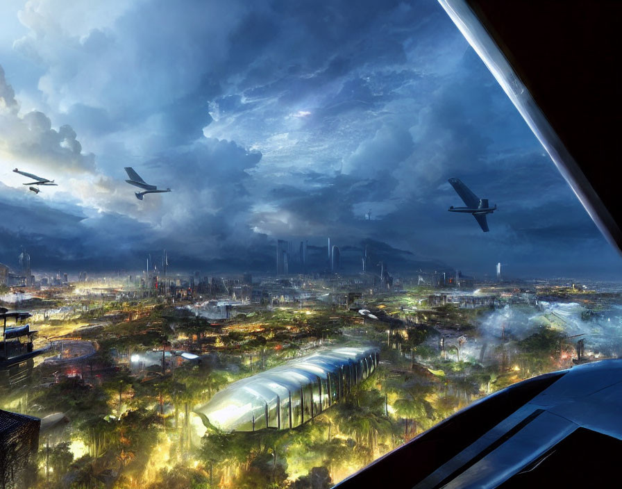 Futuristic cityscape with advanced aircraft and illuminated buildings