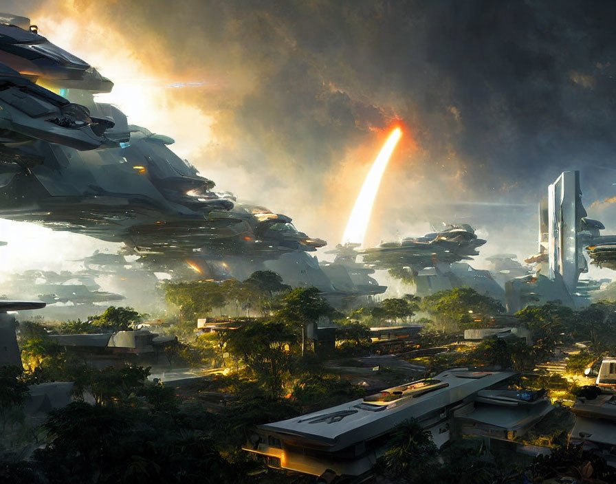 Large spacecrafts hover over futuristic cityscape with firing beam amidst modern buildings and lush foliage