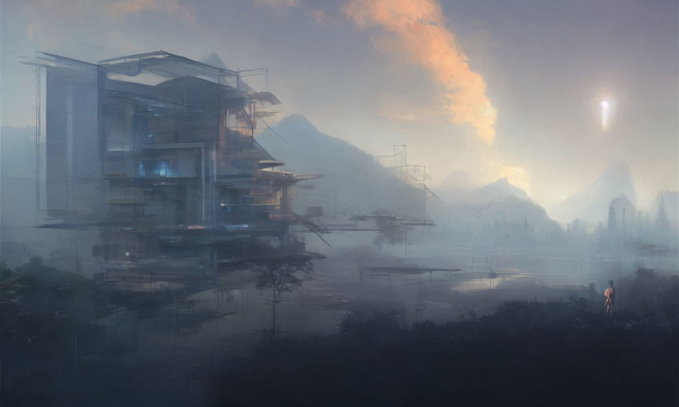 Futuristic buildings hover over misty water with mountains in the background.