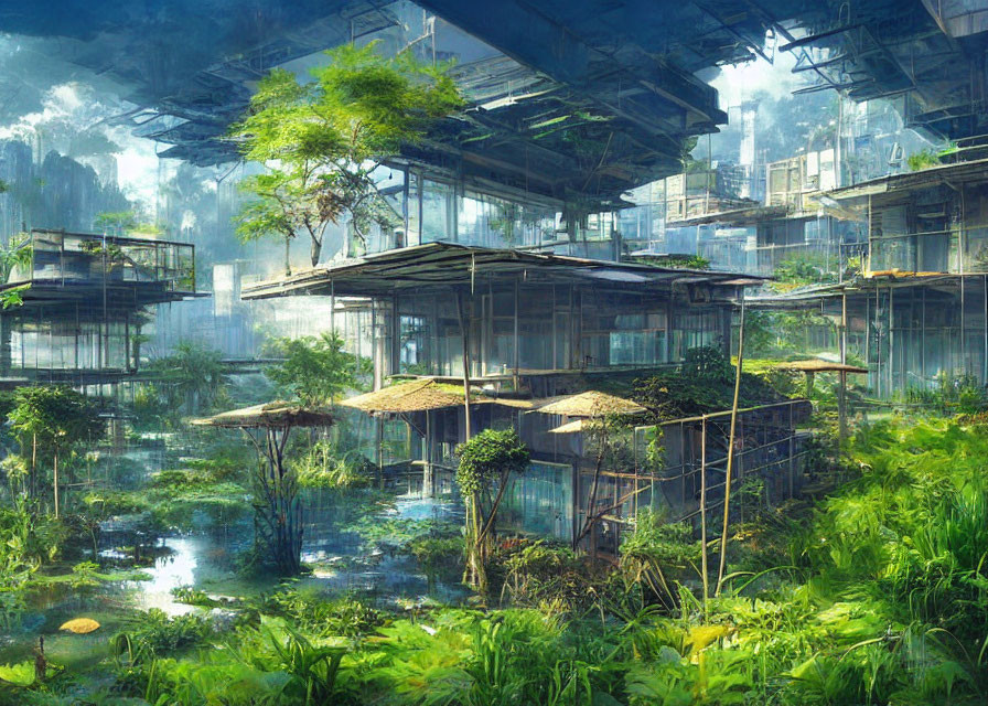 Futuristic greenhouse with lush vegetation and suspended platforms.